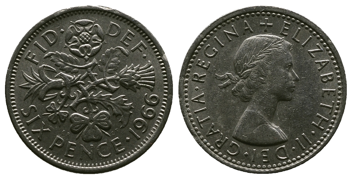 Великобритания 6 пенсов 1966 Елизавета II (1952-2022) KM 903, Spink 4149 медно-никель 4381-854
