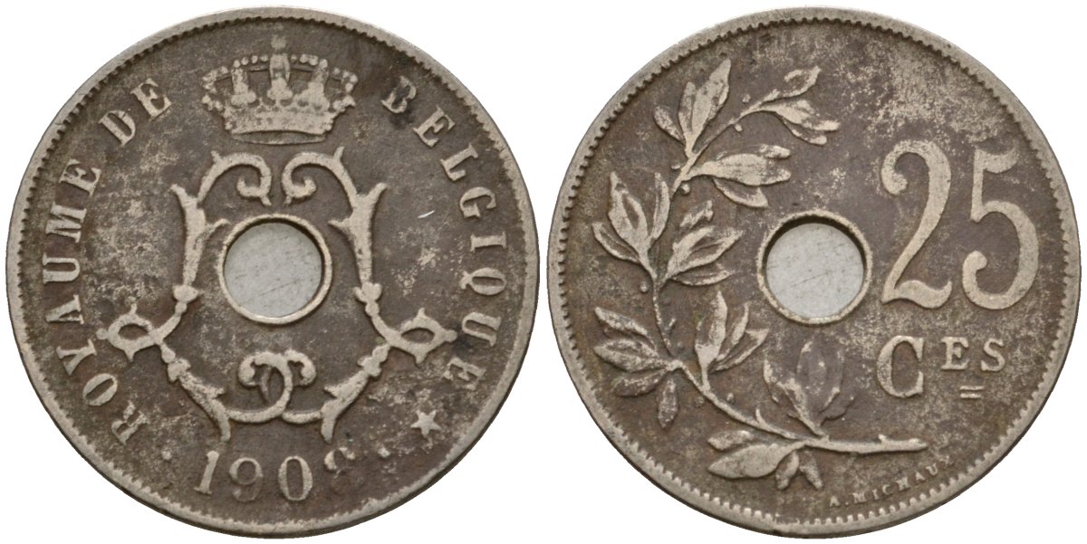Бельгия 25 сантимов 1908 Belgique KM 62 медно-никель 23-1426