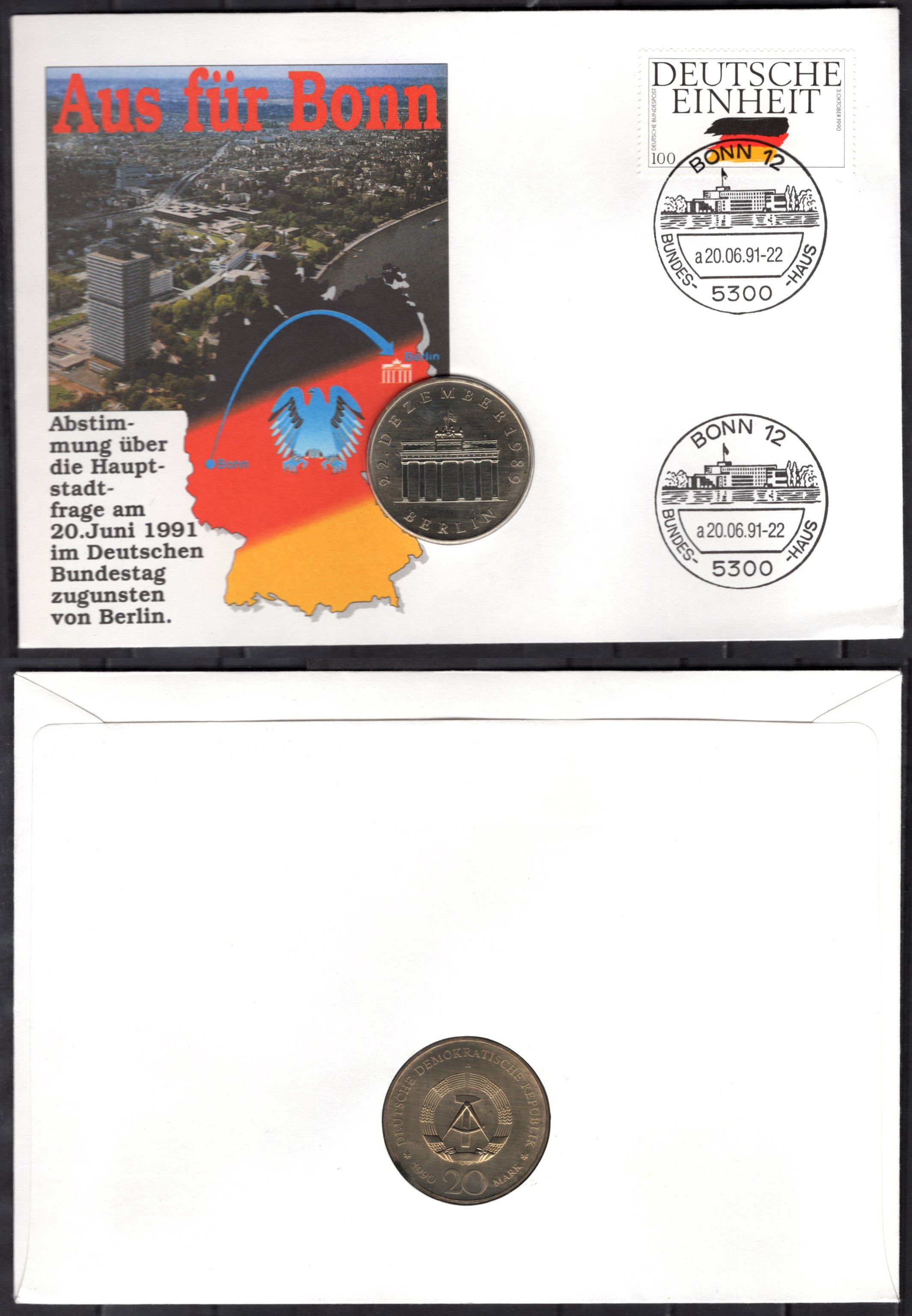 ГДР 20 марок 1990 Бранденбургские Ворота в Берлине, в конверте первого дня гашения от 1991 KM 139 медь цинк никель UNC 9000-52