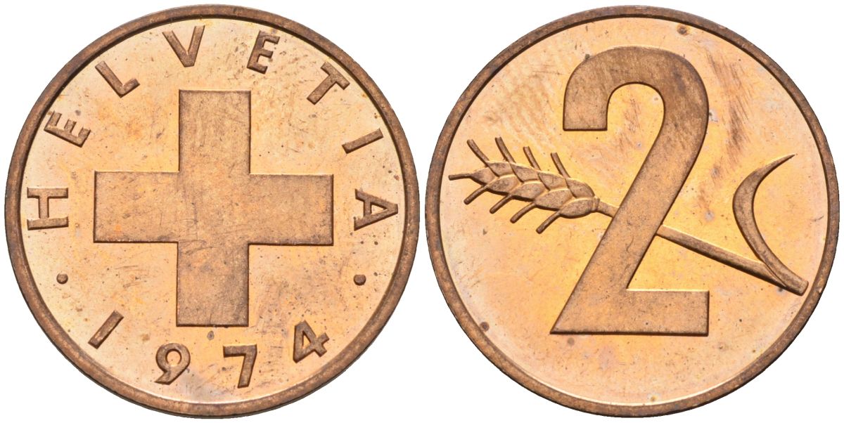 Швейцария 2 раппена 1974 KM 47 бронза UNC 4592-736