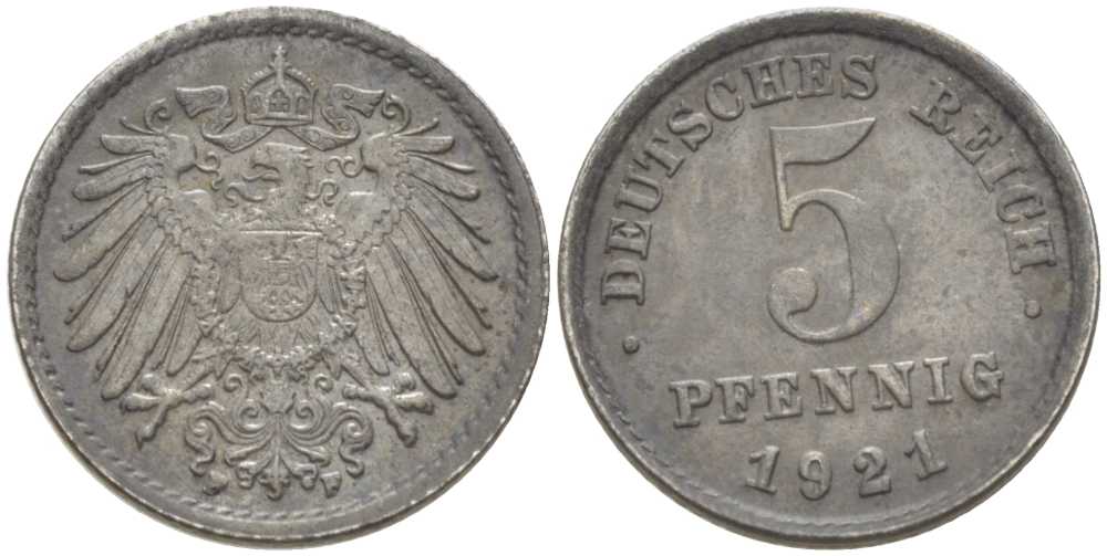 ГЕРМАНИЯ 5 ПФЕННИГОВ 1921 F KM 19, J. 297, Weege 5 железо 206-734