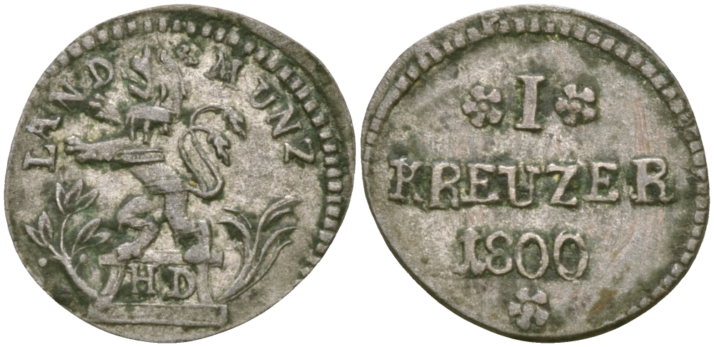 Гессен-Дармштадт 1 крейцер 1800 HD. Людвиг X (1790-1806) KM 255 серебро 99-1013