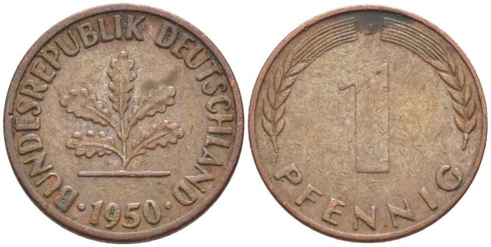 ФРГ 1 ПФЕННИГ 1950 J KM 105, J. 380 сталь плакированная медью 116-338