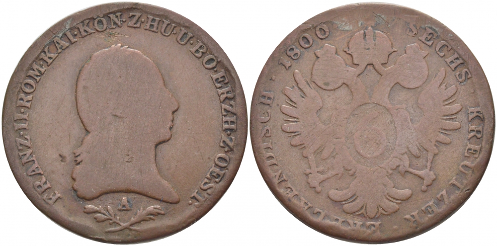 Австрия 6 крейцеров 1800 A, Франц II (Франц Иосиф Карл) (1792-1806) KM 2128 медь 3896-1132