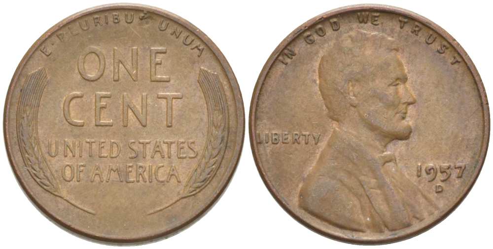США 1 ЦЕНТ 1957 D, ЛИНКОЛЬН KM А132 медь цинк 3309-1212