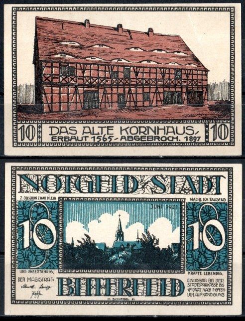 Биттерфельд (Пруссия, Саксония) 10 пфеннигов 1921 номер 7 Mehl Grabowski 111.1-17/40 бумага UNC (пресс) 7556-59-2-2