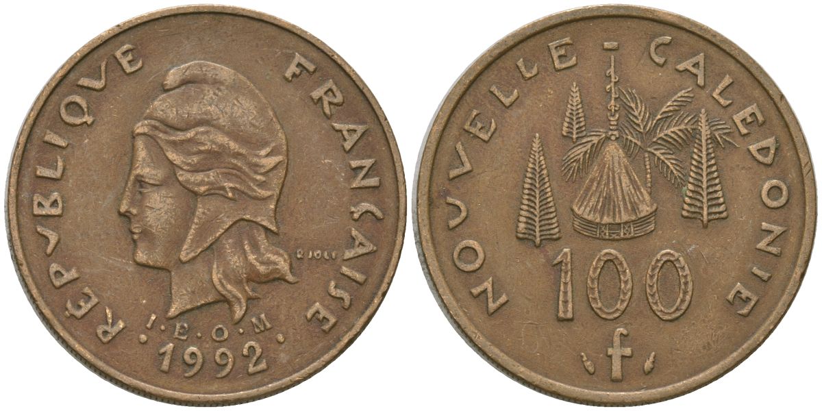 Французская Новая Каледония 100 франков 1992 хижина среди сосен и пальм, (IEOM) KM 15, Schoen 16, Lec 137 никель латунь 4140-641