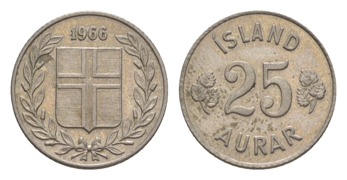 Исландия 25 эйре 1966 KM 11 медно-никель aUNC 4632-435