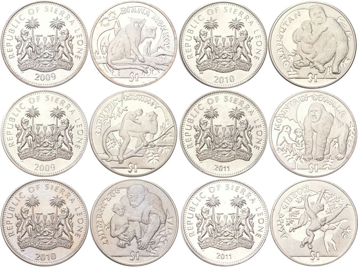 Сьерра-Леоне полный набор из 6 монет (1 доллар) 2009-2011 Обезьяны - Мартышка диана, Капуцин, Шимпанзе, Орангутан, Горная горилла, Чернорукий гиббон KM 364, 365, 366, 367, 368, 369 медно-никель BU 00-00