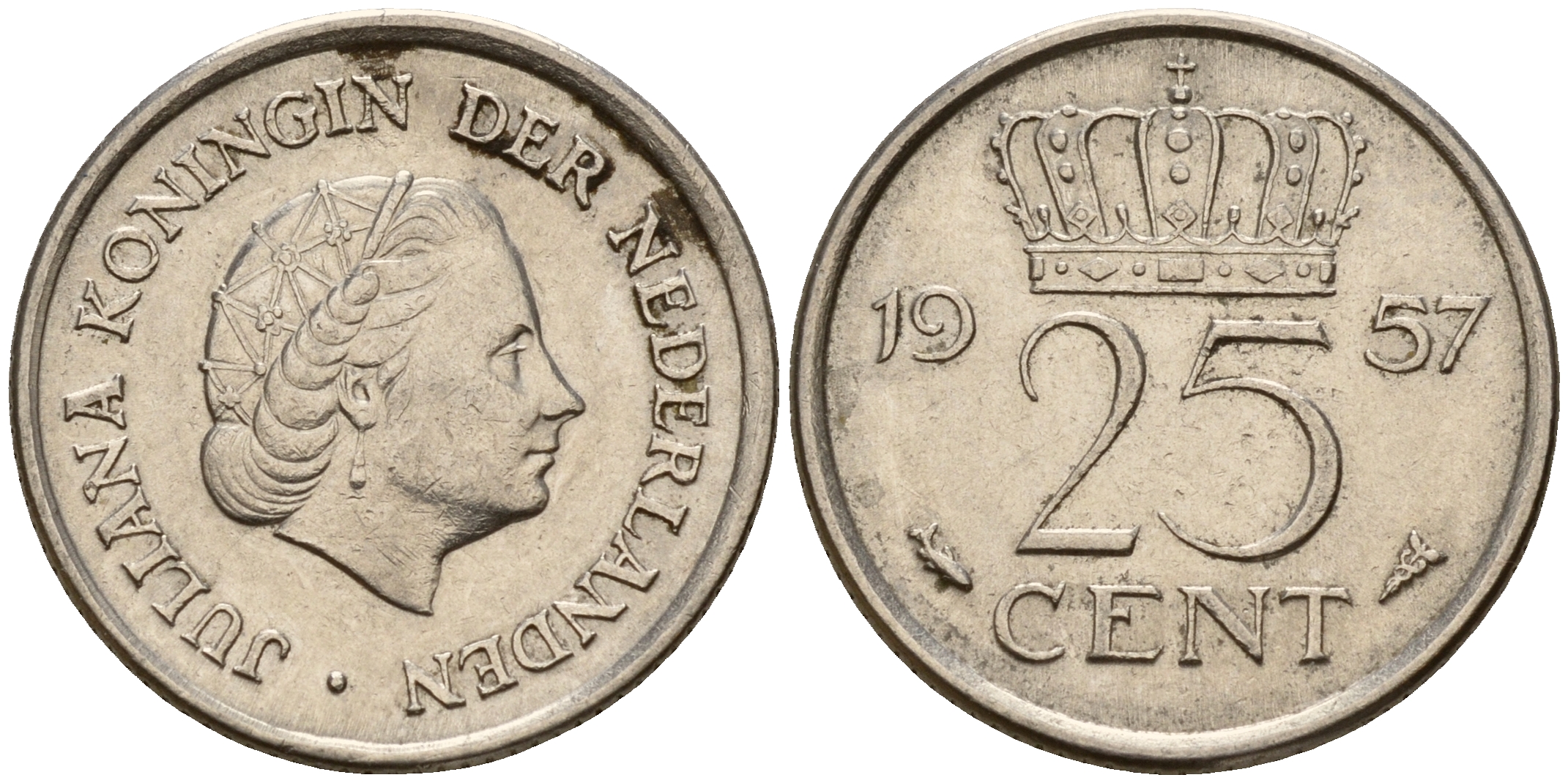 Нидерланды 25 центов 1957 Юлиана (1949-1980) KM 183 никель    4598-361