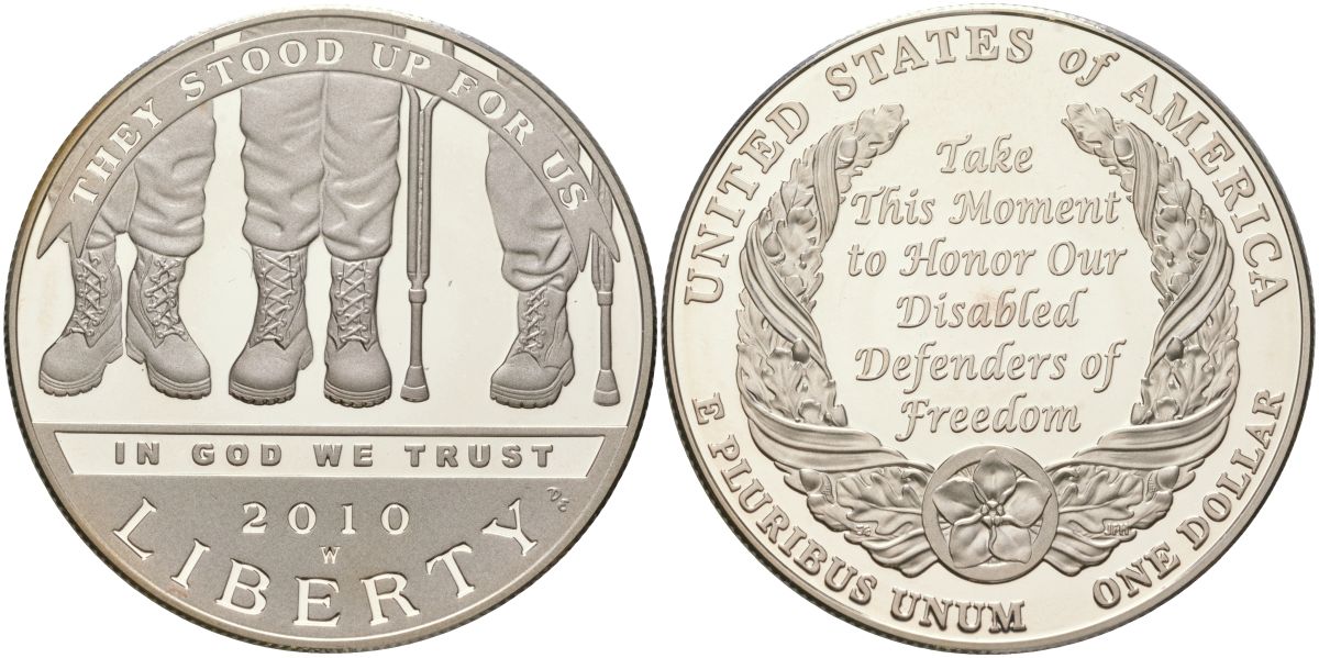 США 1 доллар 2010 W, американские ветераны-инвалиды KM 479 серебро PROOF 11-233-32