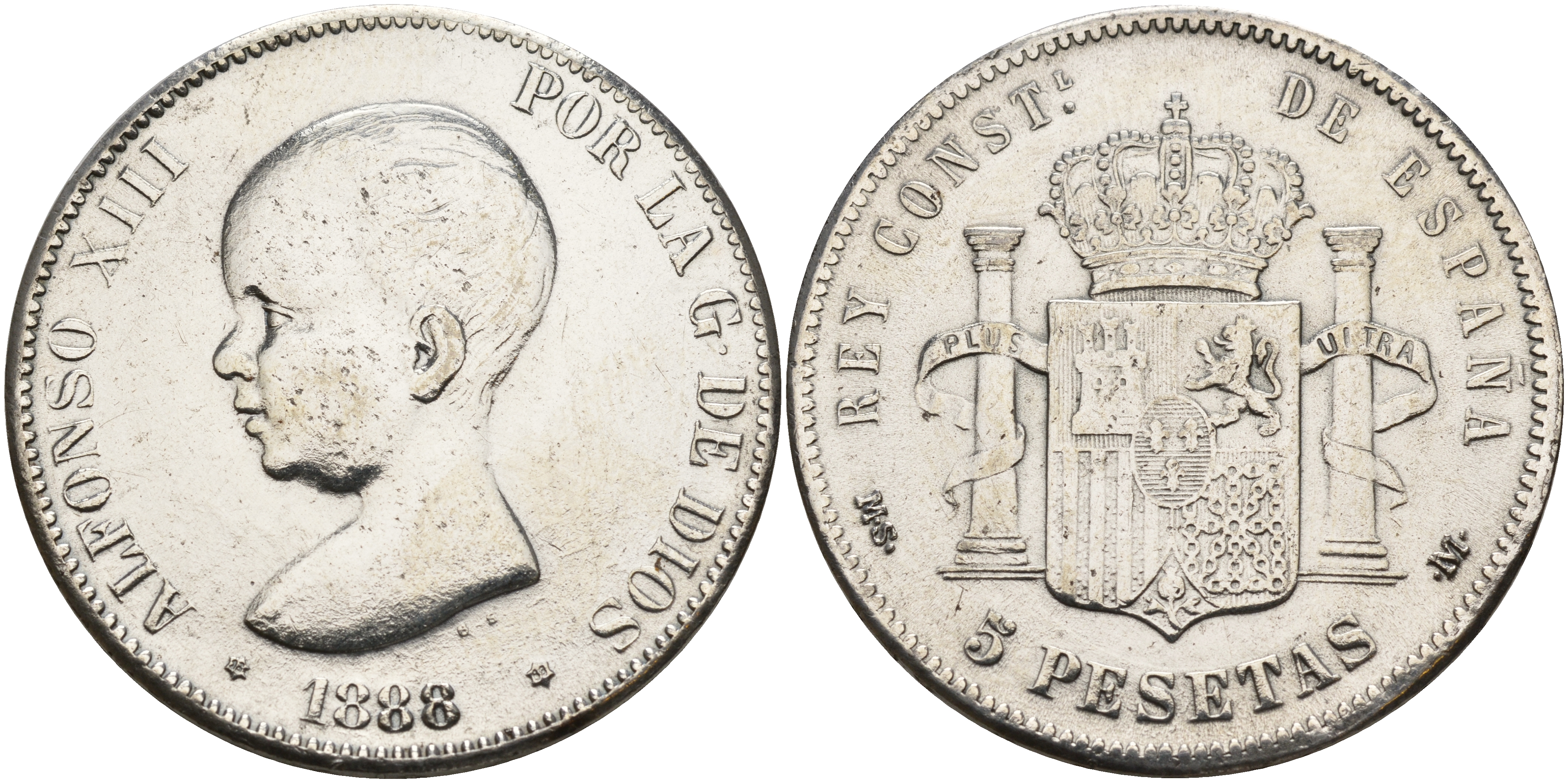 Испания 5 песет 1888 Альфонсо VIII, современная копия белый металл 4386-431