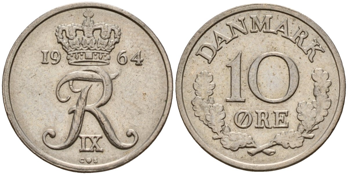 Дания 10 эре 1964 C; S, Фредерик IX (1947-1972) KM 849.1 медно-никель 4189-928