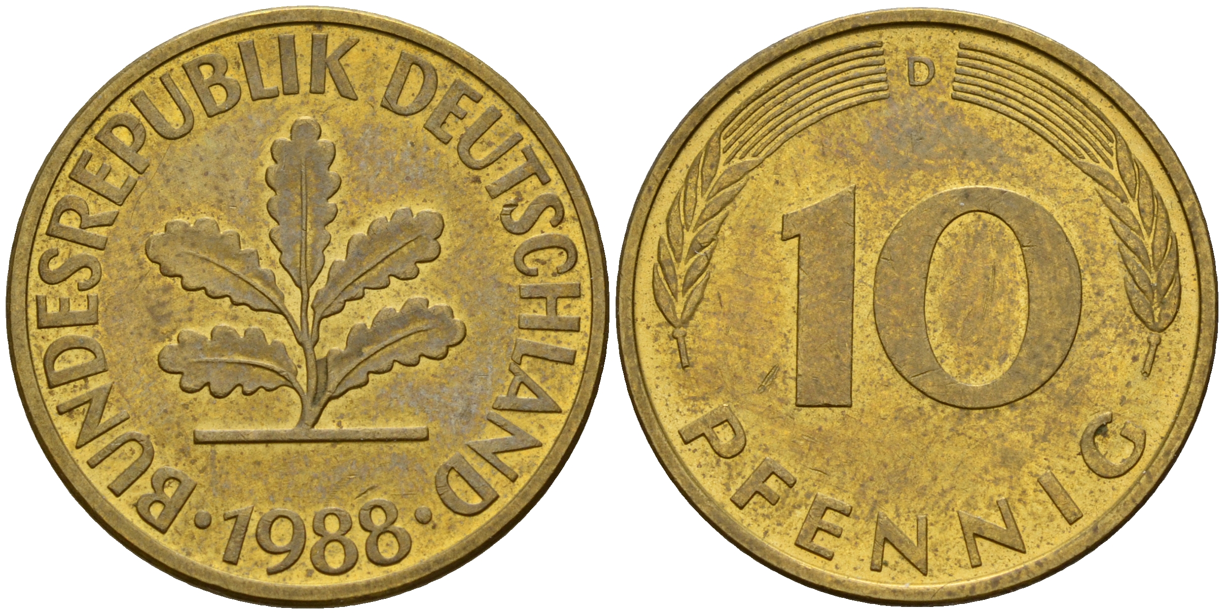 ФРГ 10 пфеннигов 1988 D J. 383, KM 108 сталь плакированная латунью    4603-551