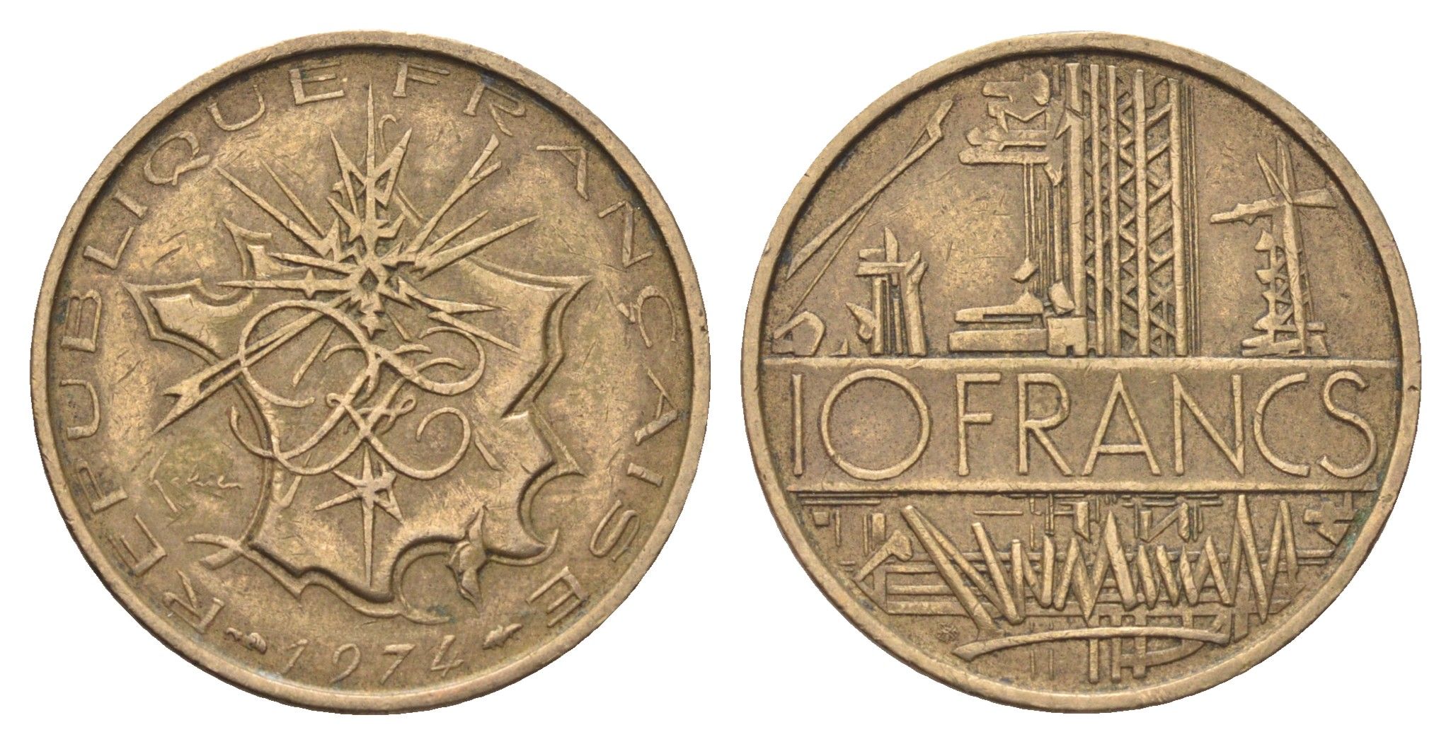 Франция 10 франков 1974 KM 940 медь алюминий никель 4704-437
