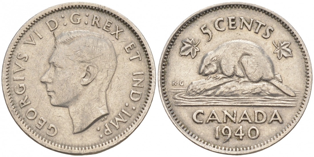Канада 5 центов 1940 бобр, Георг VI (1937-1952) KM 33 никель 73-1151