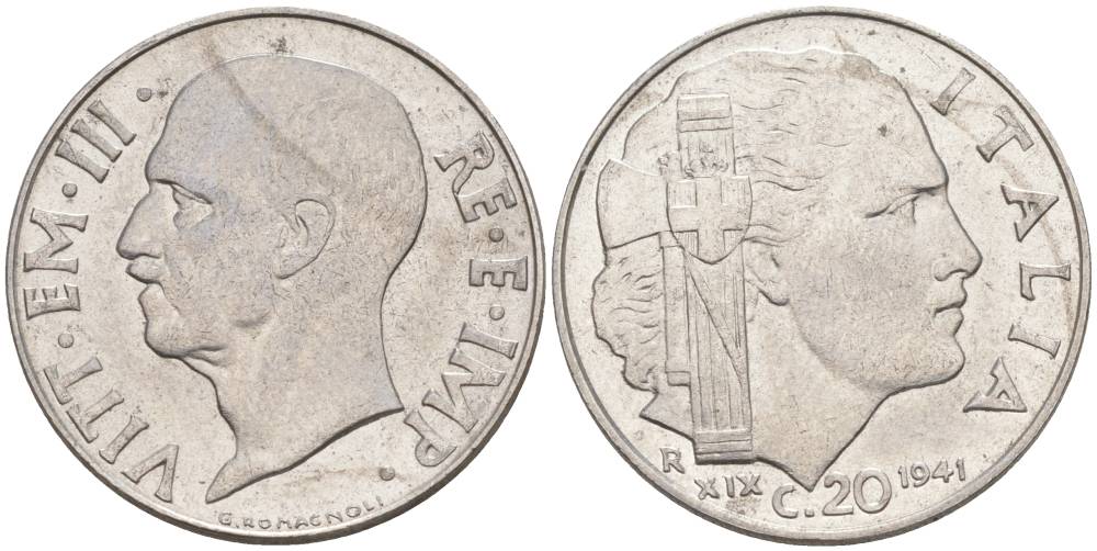 ИТАЛИЯ 20 ЧЕНТЕЗИМО 1941 R, ГОД XIX, ВИКТОР ЭММАНУИЛ III (1900-1946) KM 75b, VEM3. 1028 нержавеющая сталь 3853-1153