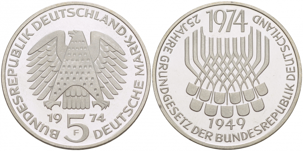 ФРГ 5 марок 1974 F, 25 лет со дня принятия конституции ФРГ KM 138, J.413 серебро PROOF 650-1324