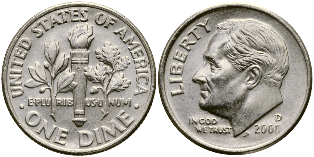 США 10 ЦЕНТОВ = 1 ДАЙМ 2000 D, РУЗВЕЛЬТ KM 195а медь плакированная медно-никелем 46-1012