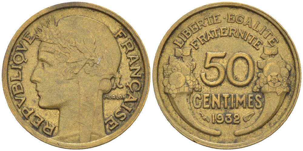 ФРАНЦИЯ 50 САНТИМОВ 1932 ТИП MORLON, CLOSED 9, БЕЗ ЯГОДЫ KM 849.1, LE FRANC 192.9 алюминиевая бронза 75-1566