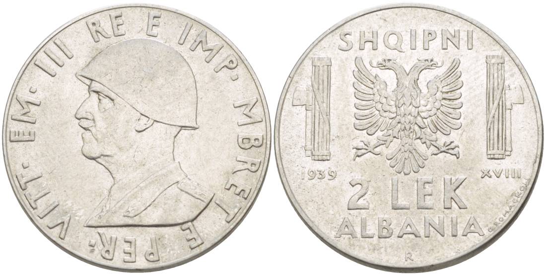 Албания 2 лека 1939 R, год XVIII, Итальянская оккупация, вторая мировая KM 32 нержавеющая сталь 4526-1243