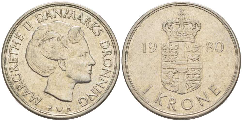 Дания 1 крона 1980 S; B, Маргрете II (1972-) KM 862.1 медно-никель 4388-1032