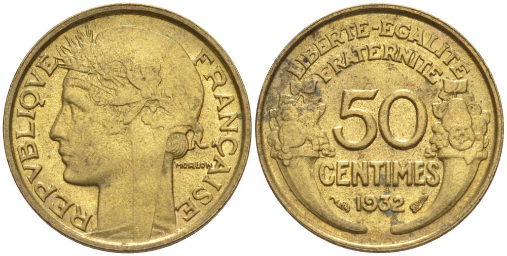 ФРАНЦИЯ 50 САНТИМОВ 1932 ТИП MORLON, OPEN 9, С ЯГОДОЙ KM 894.1, LE FRANC 192.7 алюминиевая бронза 44-669