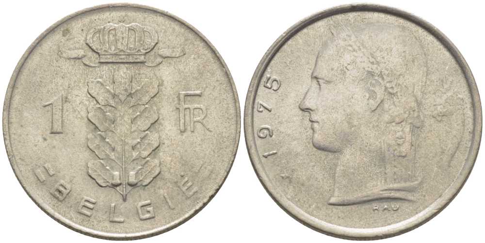 Бельгия 1 франк 1975 Belgie, Бодуэн I (1951-1993) KM 143.1 медно-никель 119-634