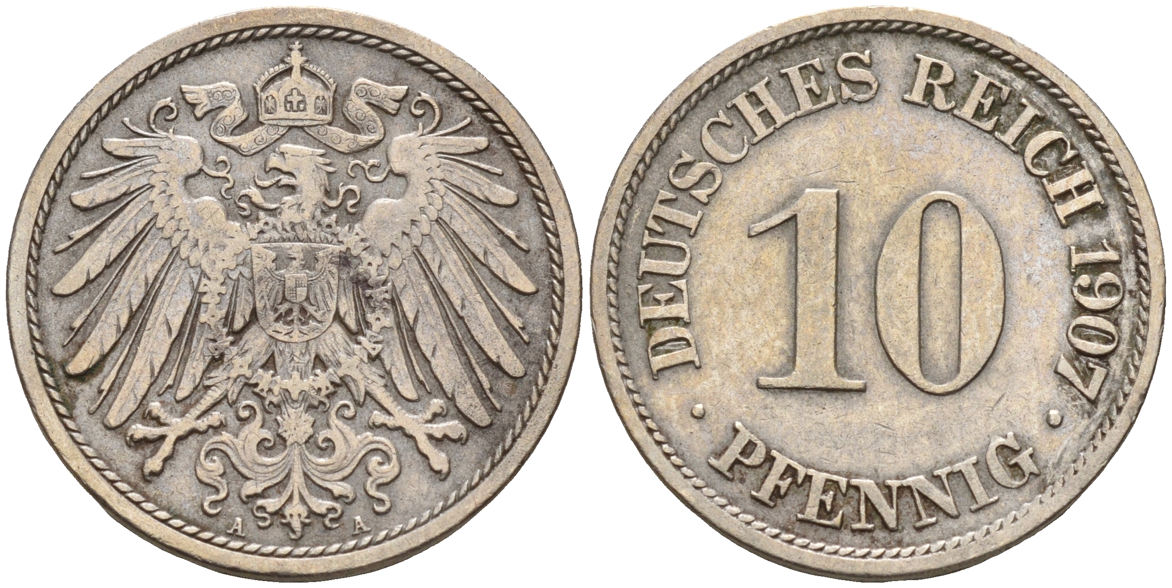 Германия 10 пфеннигов 1907 A KM 12, J. 13 медно-никель    4143-256