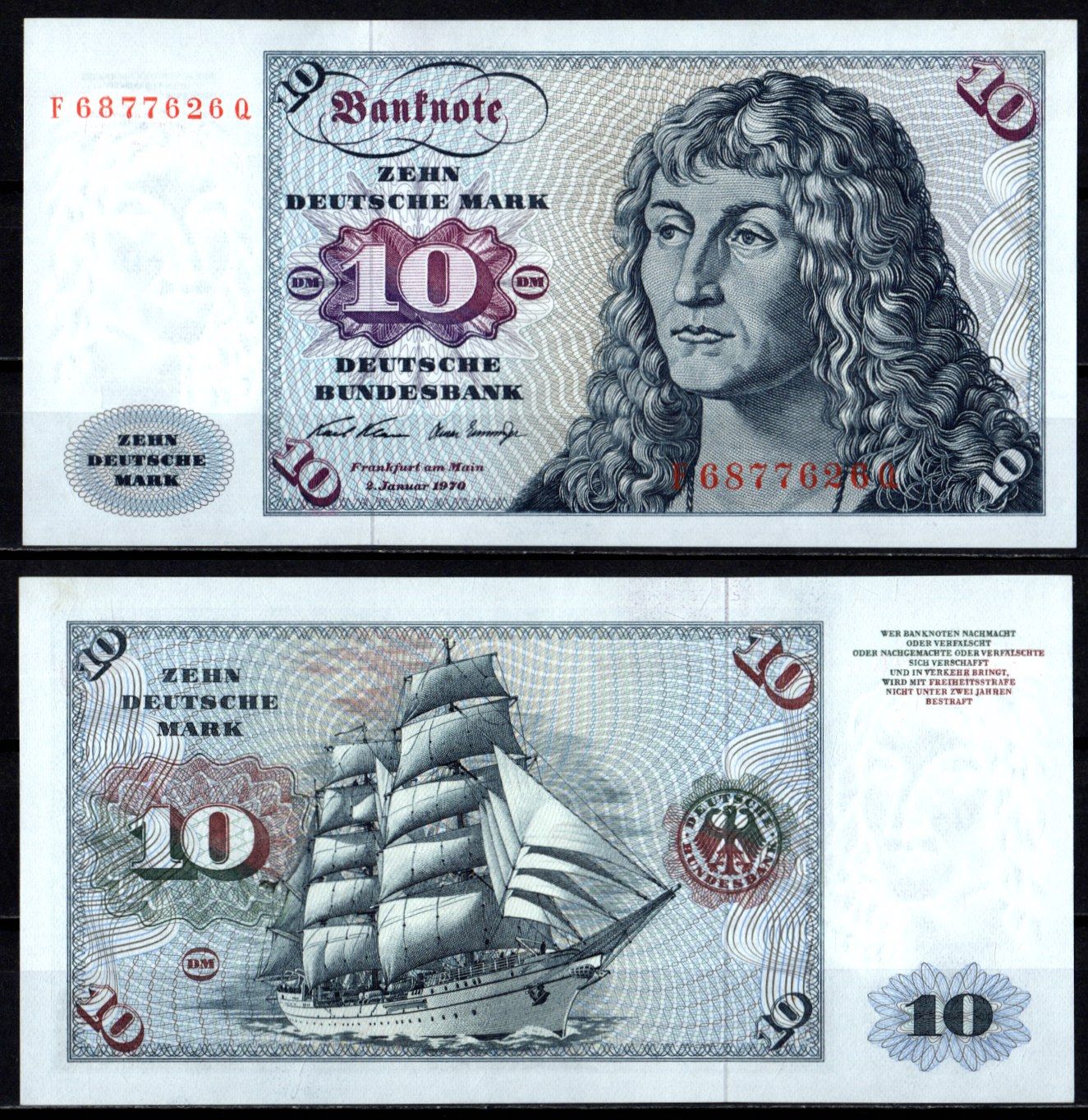 ФРГ 10 марок 1970 Альбрехт Дюрер. Kорабль "Горх Фок" Pick 31 a(1) бумага UNC (пресс) 7204-7-1-1