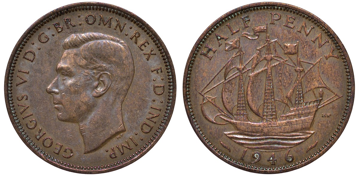 Великобритания 1/2 пенни 1946 Георг VI (1936-1952) KM 844, Spink 4115 бронза 4122-811