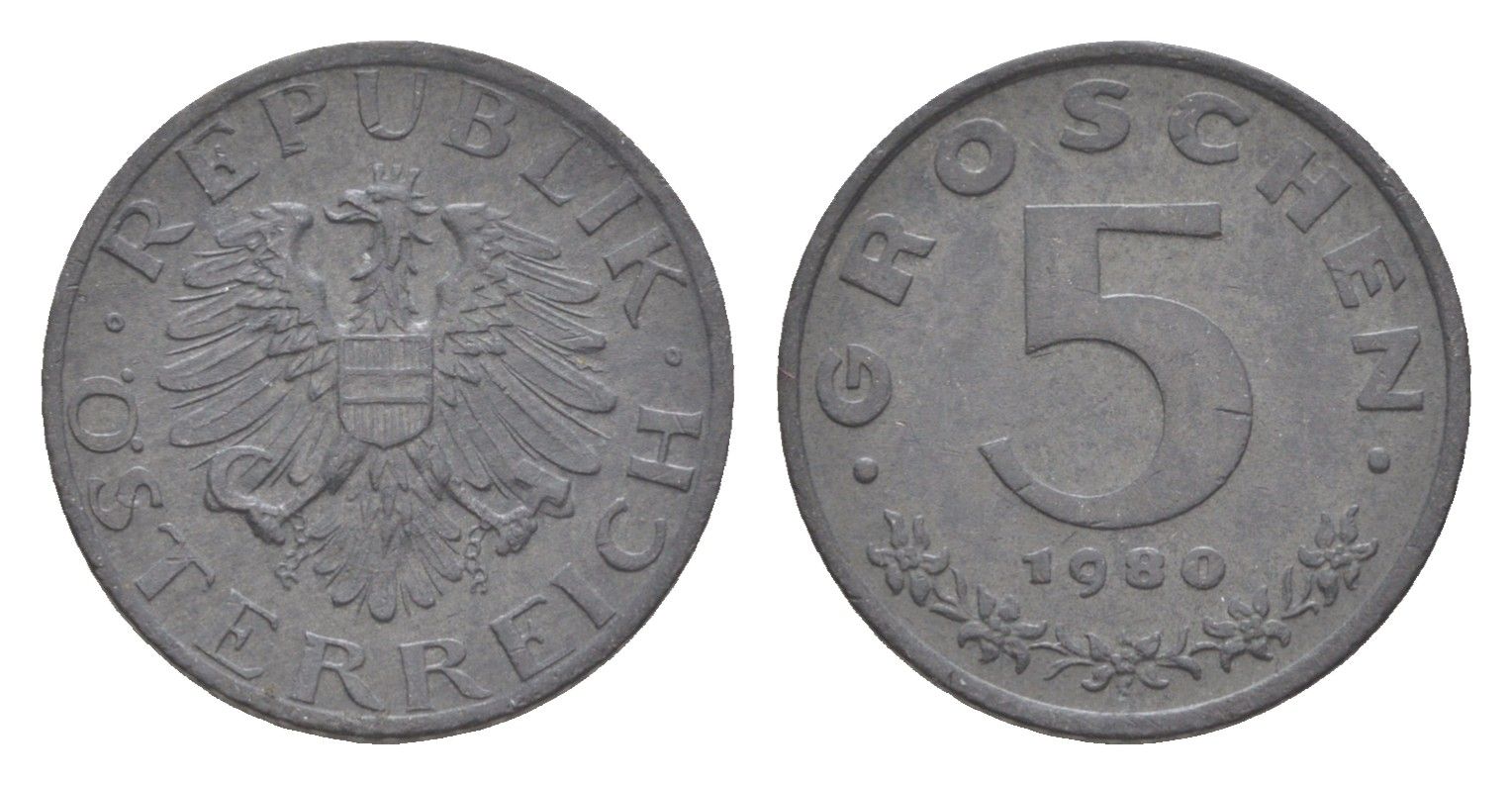 Австрия 5 грошей 1980 KM 2875 цинк 4567-1016
