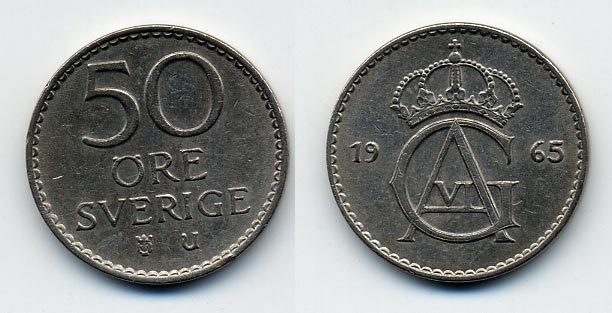 Швеция 50 эре 1965 U, Густав VI Адольф (1950-1973) KM 837 медно-никель 23-834