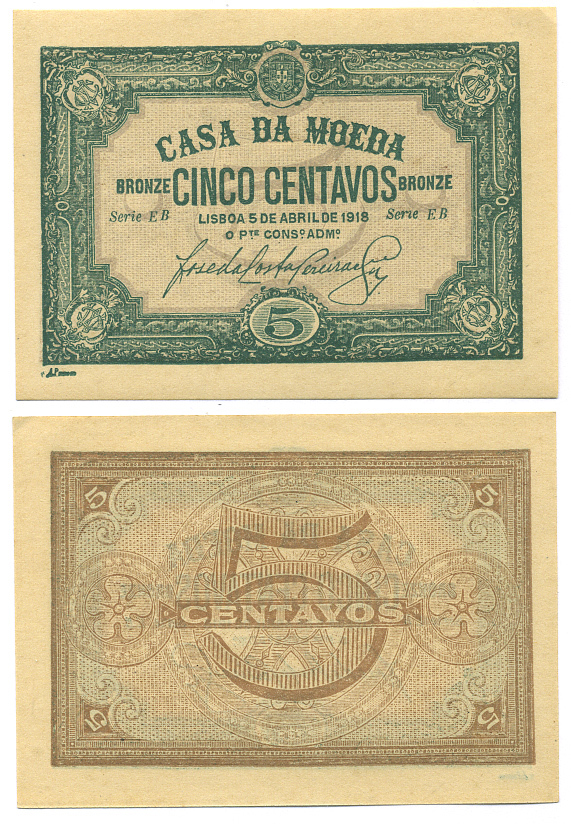 Португалия 5 сентаво бронзовых 1918 Casa da Moeda, зеленая Pick 97 бумага aUNC 000-00-00