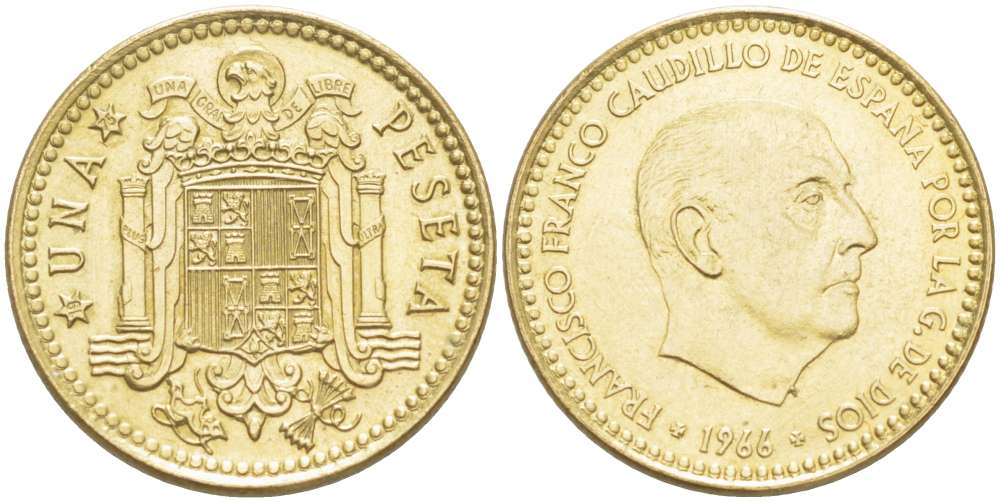 Испания 1 песета 1966 (75) Франциско Франко (1939-1975) КМ 796 алюминиевая бронза 4519-917