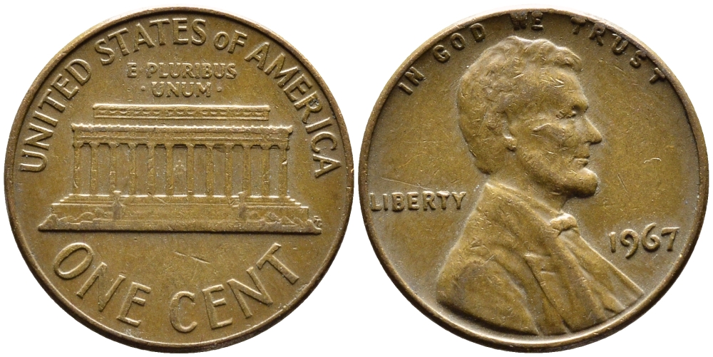 США 1 ЦЕНТ 1967 ЛИНКОЛЬН KM 201 медь цинк 4383-431