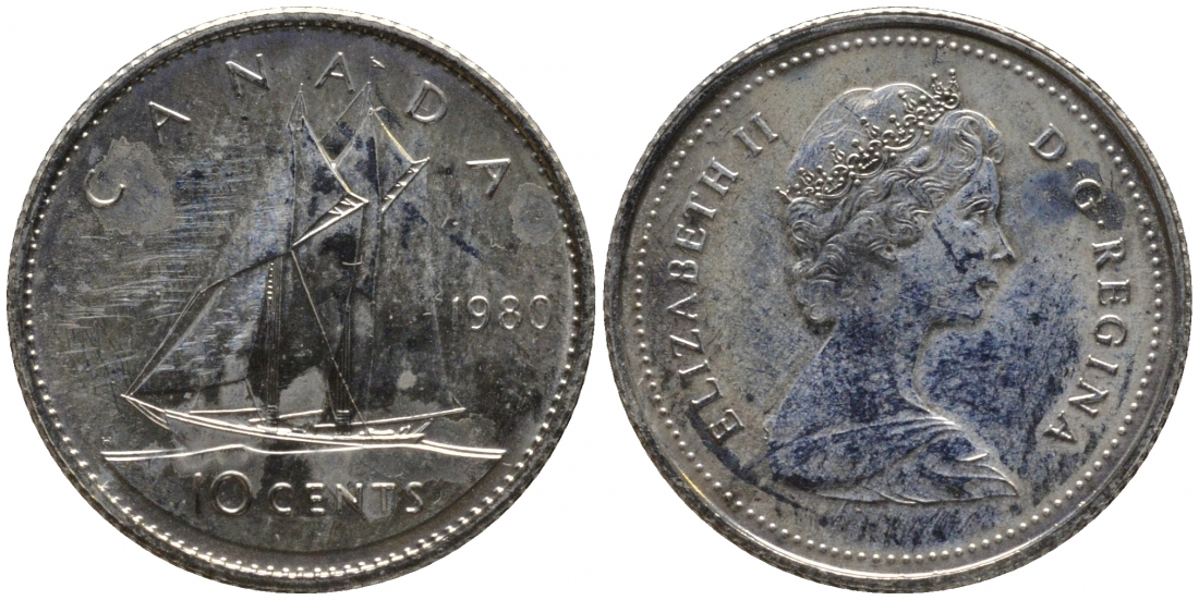 КАНАДА 10 ЦЕНТОВ 1980 ПАРУСНИК, ЕЛИЗАВЕТА II (1952-) KM 77.2 никель UNC 218-1018