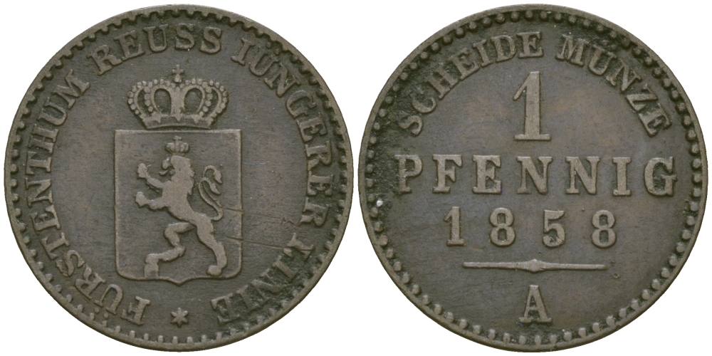 РЕЙС-ШЛАЙЦ 1 ПФЕННИГ 1858 А KM 69 медь 99-931