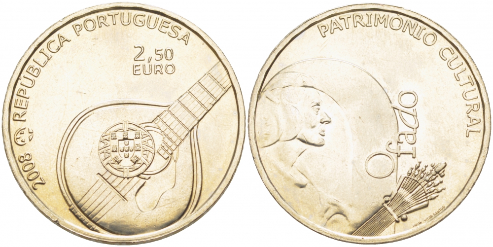 Португалия 2 1/2 евро 2008 серия культурное наследие Европы, певица Амалия Родригес, гитара фаду с гербом Португалии KM 783 медно-никель UNC 4512-641