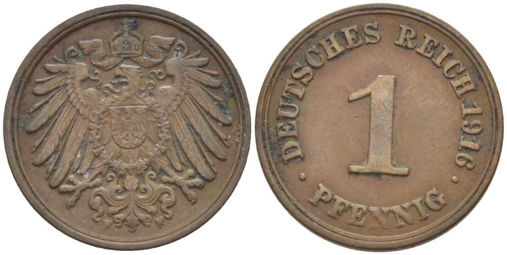 ГЕРМАНИЯ 1 ПФЕННИГ 1916 F KM 10, J. 10, Weege 2 медь 206-449