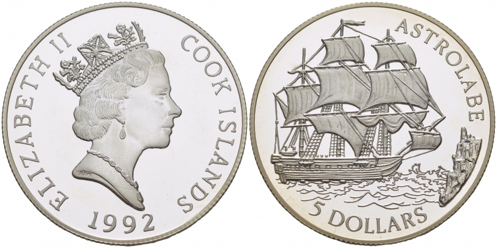 ОСТРОВА КУКА 5 ДОЛЛАРОВ 1992 ПАРУСНИК АСТРОЛАБ, ВЕС 10 ГР. KM 160 серебро PROOF 02-251-15