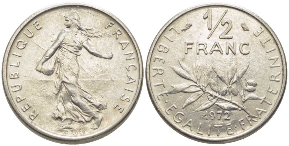 Франция 1/2 франка 1972 сеятель KM 931.1, LE FRANC 198.11 никель 175-942