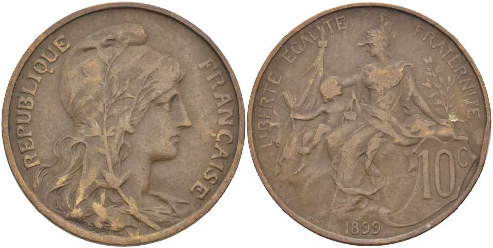 ФРАНЦИЯ 10 САНТИМОВ 1899 ТИП ДАНИЭЛЬ ДЮПЮИ KM 843, LA FRANC 136.8 бронза 109-133