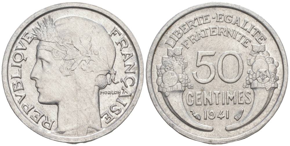 ФРАНЦИЯ 50 САНТИМОВ 1941 ТИП MORLON LOURDE KM 894.1a, LE FRANC 193.2 алюминий 44-224