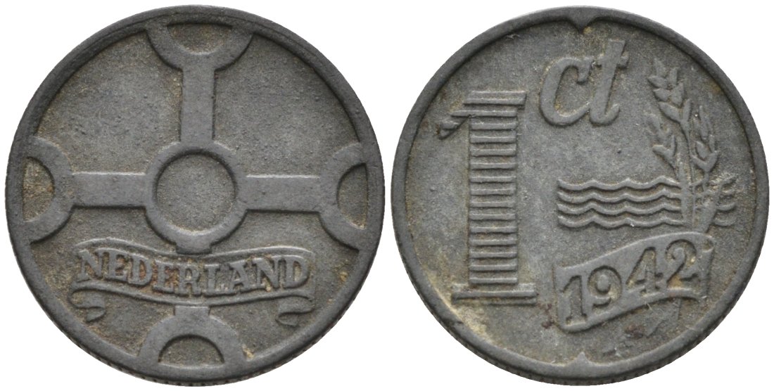 Нидерланды 1 цент 1942 Вильгельмина (1890-1948) KM 170 цинк 51-2324