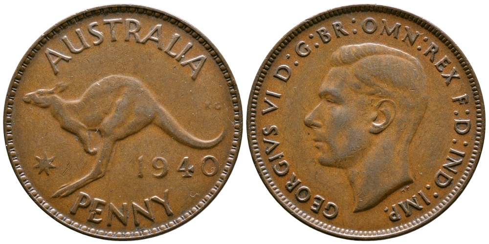 Австралия 1 пенни 1940 KG, Георг VI (1936-1952), кенгуру KM 36 бронза 4557-921