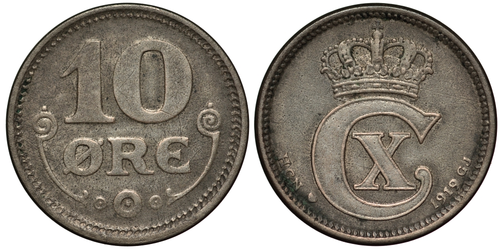 Дания 10 эре 1919 HSN,GJ KM 818.2 серебро    4596-319