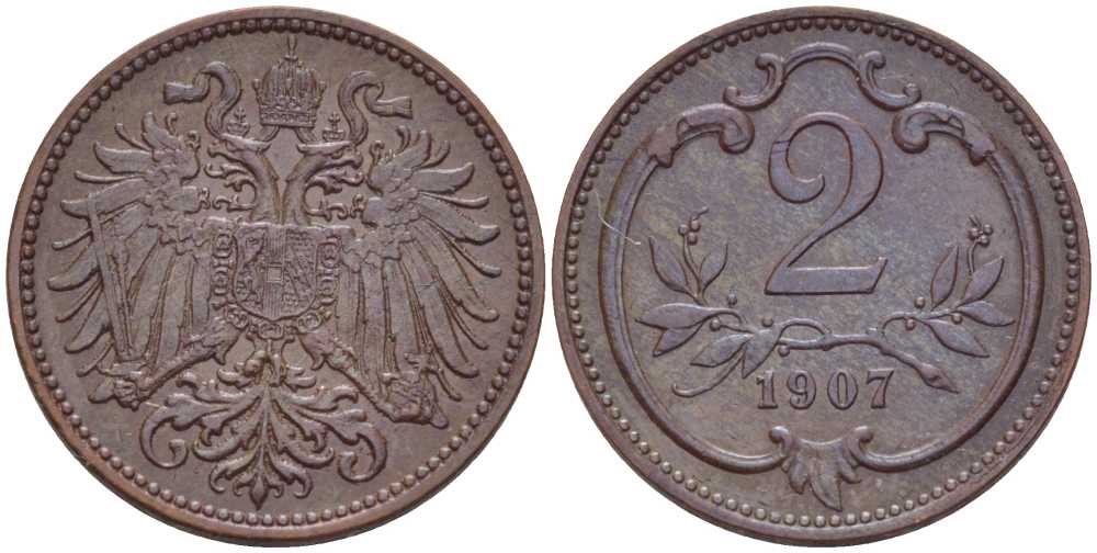 АВСТРИЯ 2 ГЕЛЛЕРА 1907 ФРАНЦ ИОСИФ (1846-1918) KM 2801 бронза 201-329