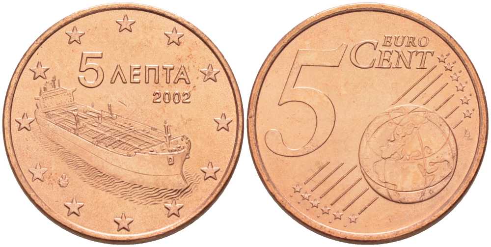 ГРЕЦИЯ 5 ЕВРОЦЕНТОВ 2002 С БУКВОЙ F В ЗВЕЗДЕ KM 183 сталь плакированная медью UNC 214-355