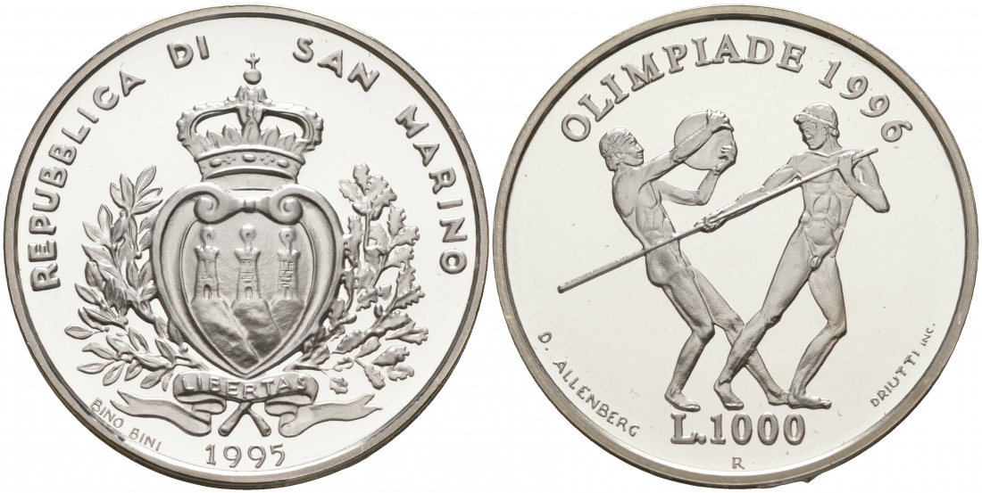 Сан-Марино 1000 лир 1995 XXVI летние Олимпийские игры в Атланте 1996 года, копьеметатель и дискобол KM 332 серебро PROOF 1066-1-42
